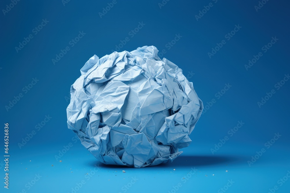 Crumpled paper ball isolated, blue background. Generative AI Crumpled paper ball isolated, blue background. Generative AI