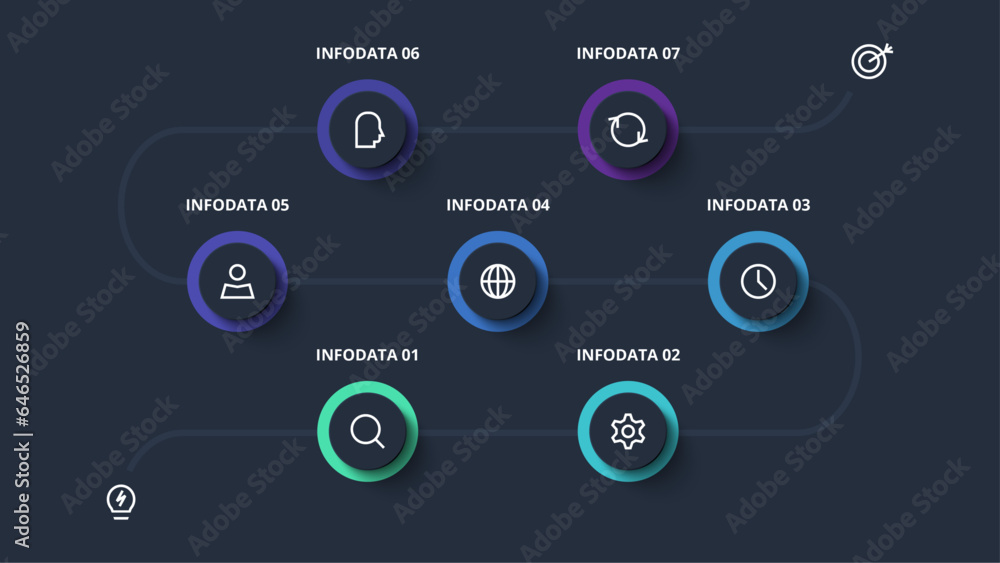 Creative dark infographic with 7 elements template for web on a black background, business, presentation. Vector Creative dark infographic with 7 elements template for web on a black background, business, presentation. Vector
