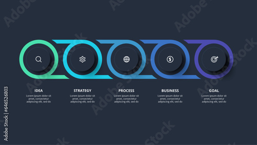 Creative dark infographic with 5 elements template for web on a black background, business, presentation. Vector