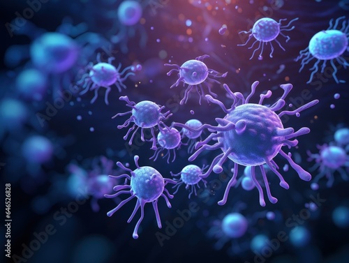 Digital illustration of virus, microscopic view, pandemic concept. Generative AI