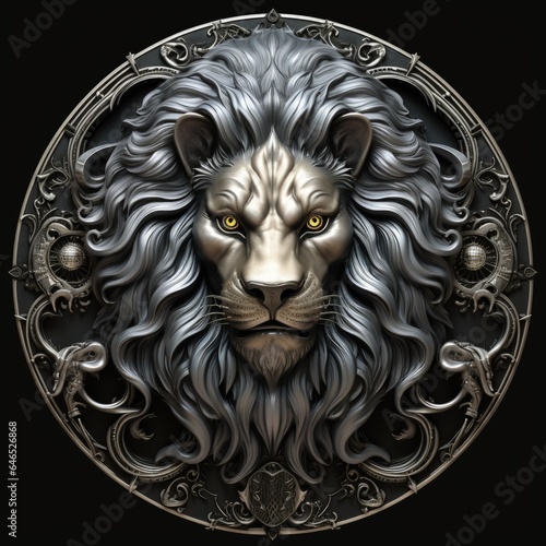  Lion head emblem illustration with silver details. Generative AI