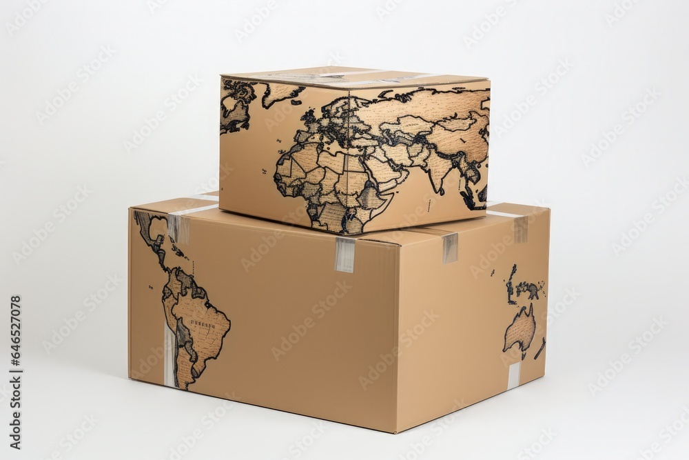Digital illustration of cardboard box and map, white background ...