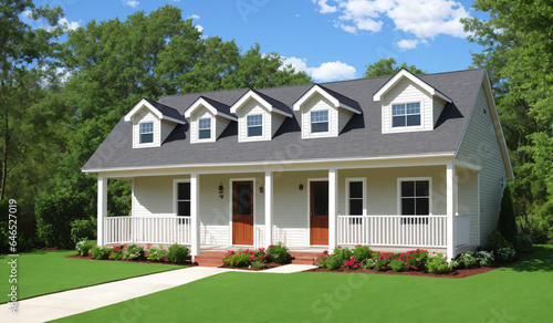 Beautiful new home with white front porch and green lawn