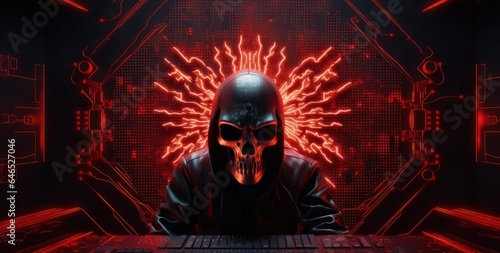 Skull with a hood in a virtual world, concept of viruses, hackers and data security. Generative AI