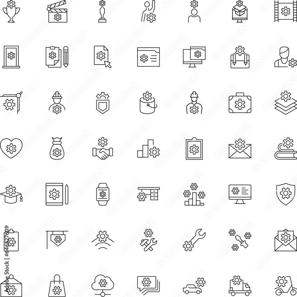 Line icon set of various isolated signs next to gear or cogwheel. Suitable for apps, stores, banners. Editable strokes for design Line icon set of various isolated signs next to gear or cogwheel. Suitable for apps, stores, banners. Editable strokes for design