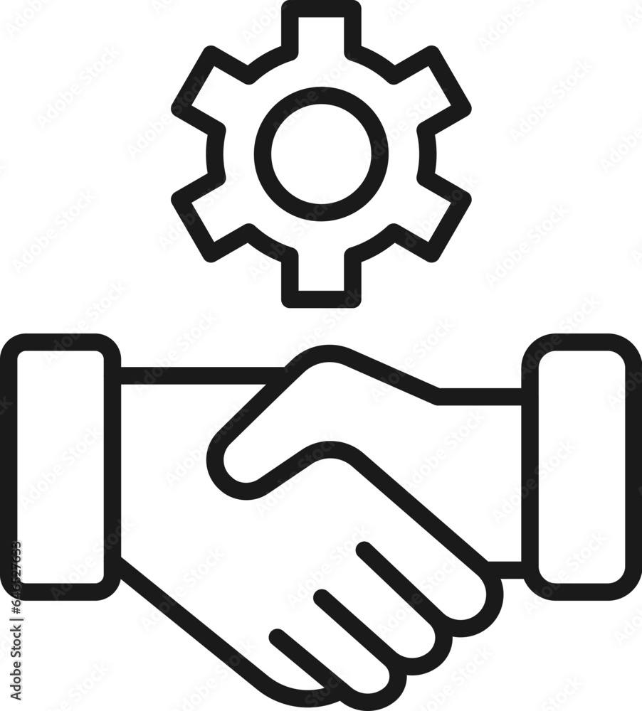 Gear over Handshaking Isolated Line Icon. Perfect for web sites, apps, UI, internet, shops, stores. Simple image drawn with black thin line Gear over Handshaking Isolated Line Icon. Perfect for web sites, apps, UI, internet, shops, stores. Simple image drawn with black thin line