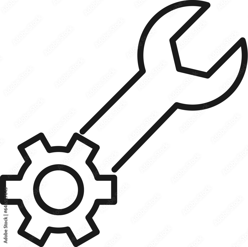Gear by Wrench Isolated Line Icon. Perfect for web sites, apps, UI, internet, shops, stores. Simple image drawn with black thin line Gear by Wrench Isolated Line Icon. Perfect for web sites, apps, UI, internet, shops, stores. Simple image drawn with black thin line