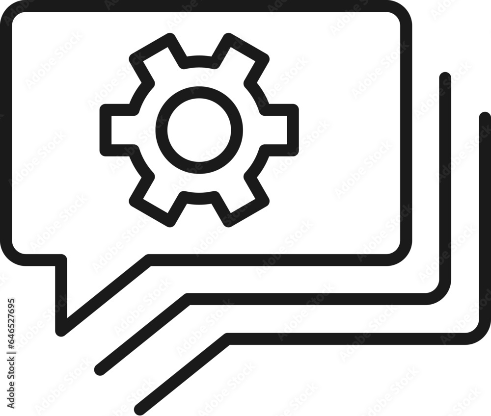 Gear on Speech Bubble Isolated Line Icon. Perfect for web sites, apps, UI, internet, shops, stores. Simple image drawn with black thin line Gear on Speech Bubble Isolated Line Icon. Perfect for web sites, apps, UI, internet, shops, stores. Simple image drawn with black thin line
