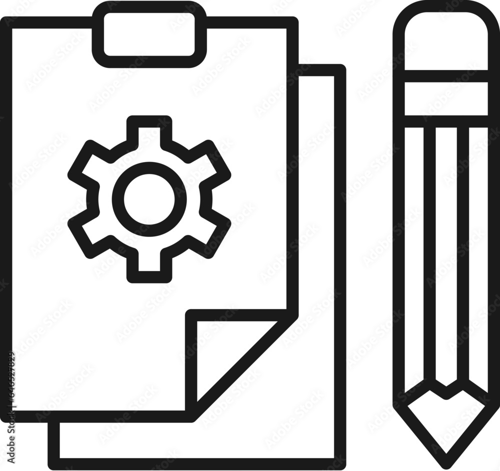 Gear on Paper with Pencil Isolated Line Icon. Perfect for web sites, apps, UI, internet, shops, stores. Simple image drawn with black thin line Gear on Paper with Pencil Isolated Line Icon. Perfect for web sites, apps, UI, internet, shops, stores. Simple image drawn with black thin line