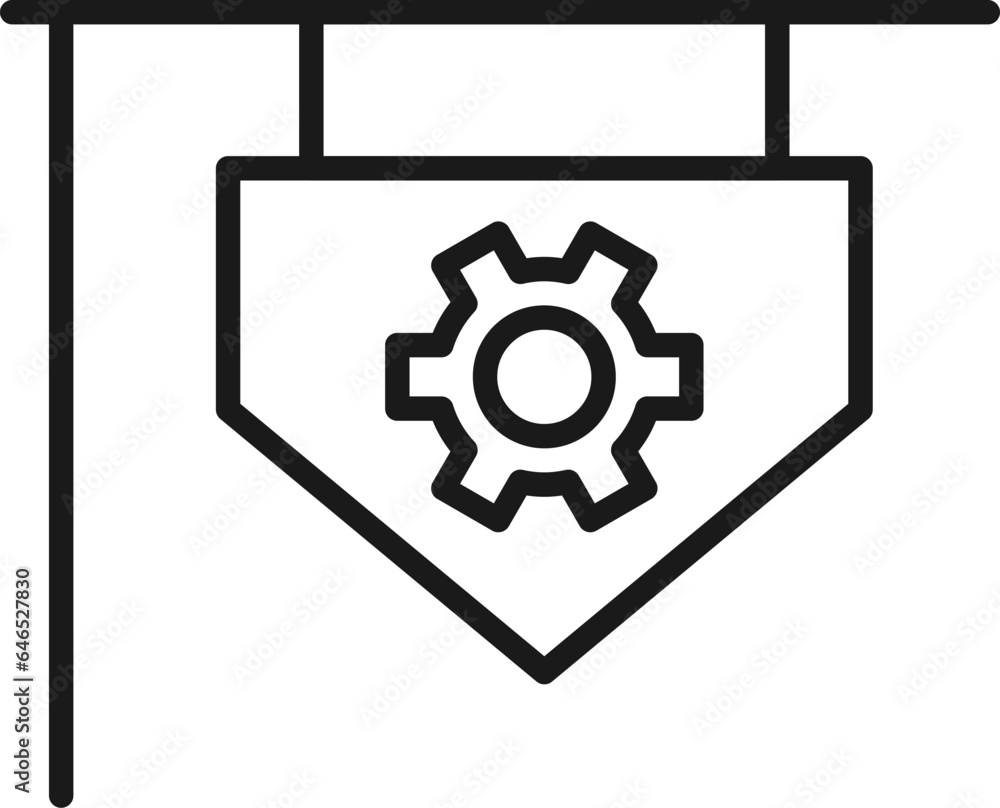 Gear on Signboard Isolated Line Icon. Perfect for web sites, apps, UI, internet, shops, stores. Simple image drawn with black thin line Gear on Signboard Isolated Line Icon. Perfect for web sites, apps, UI, internet, shops, stores. Simple image drawn with black thin line