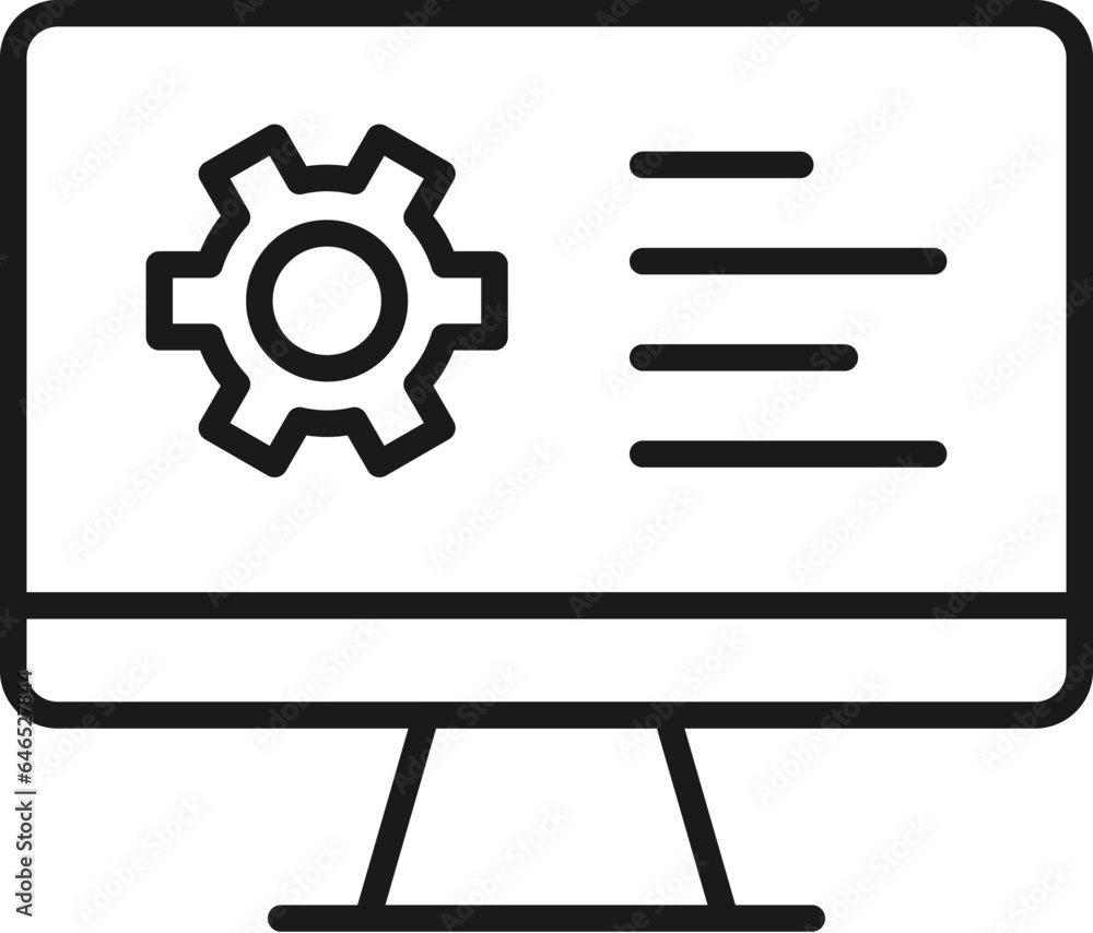 Gear on Monitor of Computer Isolated Line Icon. Perfect for web sites, apps, UI, internet, shops, stores. Simple image drawn with black thin line Gear on Monitor of Computer Isolated Line Icon. Perfect for web sites, apps, UI, internet, shops, stores. Simple image drawn with black thin line