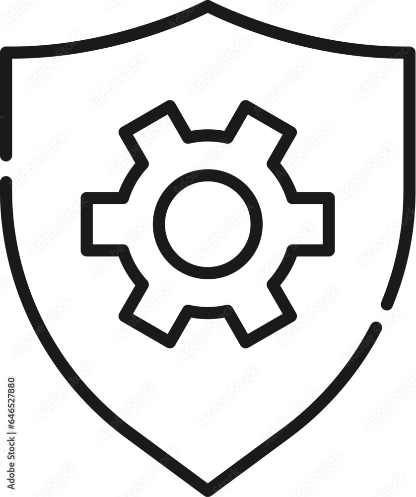 Gear inside of a Shield Isolated Line Icon. Perfect for web sites, apps, UI, internet, shops, stores. Simple image drawn with black thin line Gear inside of a Shield Isolated Line Icon. Perfect for web sites, apps, UI, internet, shops, stores. Simple image drawn with black thin line