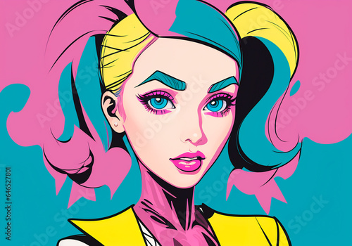 Pop art illustration of a beautiful young woman with bright make up.