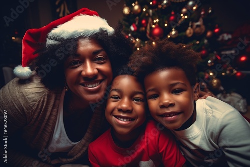 Familia interracial monoparental celebrando la Navidad. Selfie. 