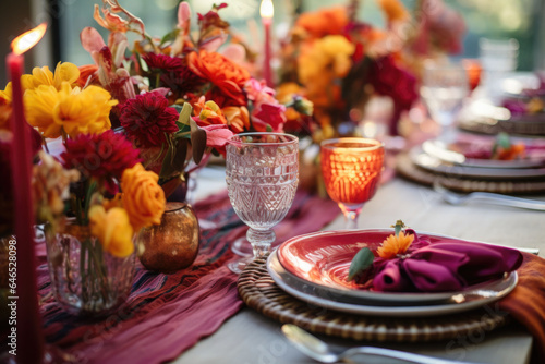Boho Chic table setting. Decoration table covered with a tablecloth with dishes, flowers, candles. AI generated © barmaleeva