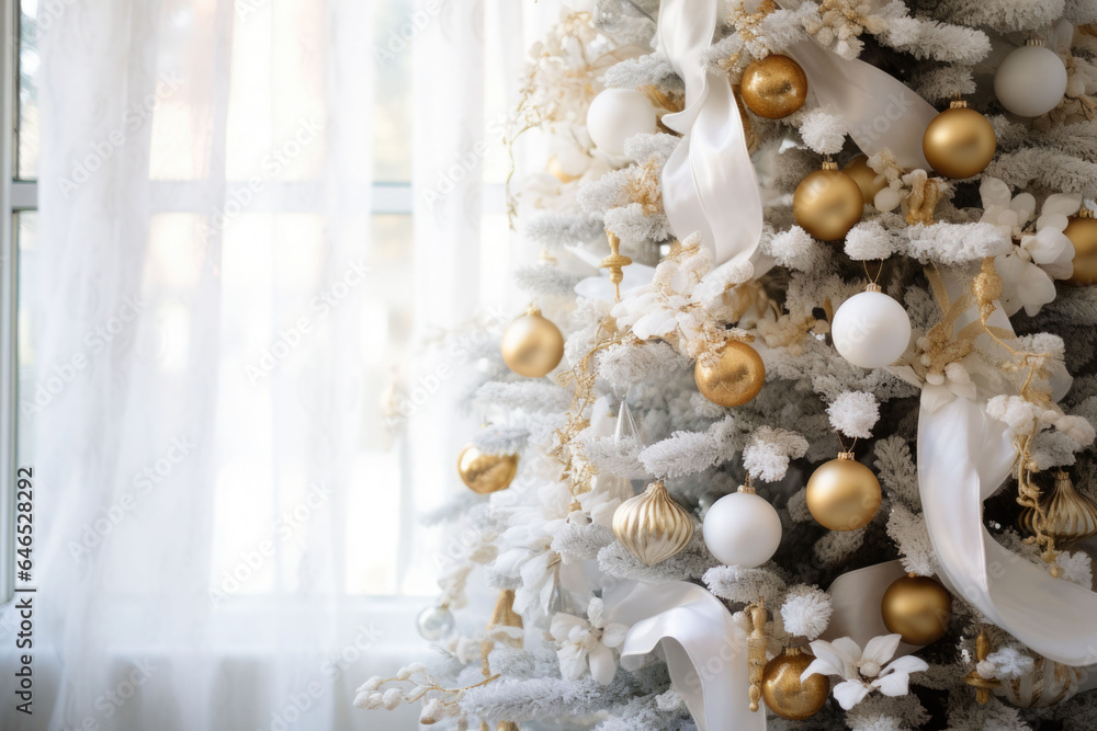 Light living room interior in a simple style with a Christmas tree in golden and white colors. Generative AI Light living room interior in a simple style with a Christmas tree in golden and white colors. Generative AI