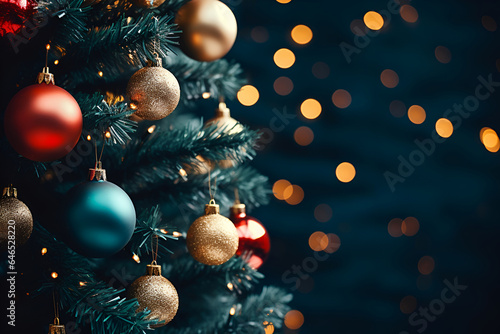Close-up of colorful balls hanging on a Christmas tree on a dark background with bokeh.