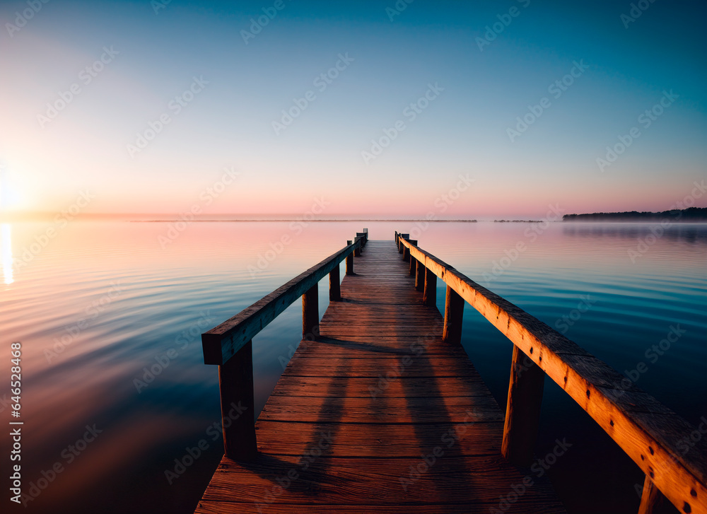 Fototapeta premium Wooden pier on the lake at sunrise. Beautiful summer landscape.