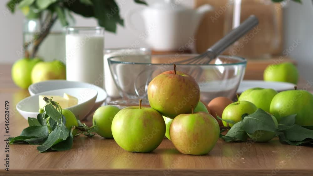 Ingredients for the pie. Place garden organic apples on the table. Natural products. Organic food. Cooking apple pie. Master class in the kitchen. Homemade cozy and warm food. Time to cook at home Ingredients for the pie. Place garden organic apples on the table. Natural products. Organic food. Cooking apple pie. Master class in the kitchen. Homemade cozy and warm food. Time to cook at home