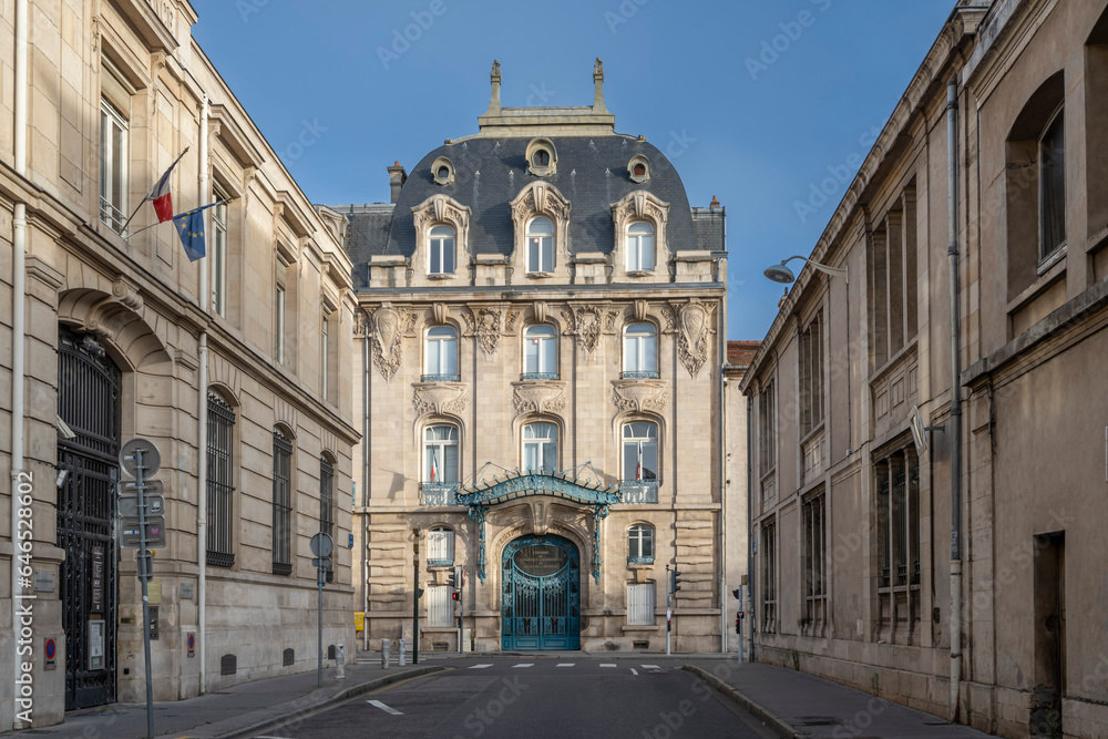 Nancy, France - 09 02 2023: View of the facade of a typical house sheltering chamber of commerce and industry of Meurthe et Moselle.