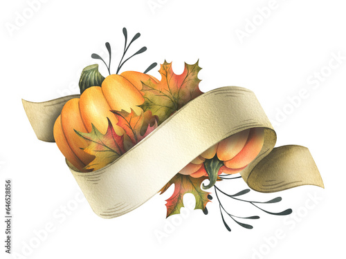 Orange autumn pumpkins with maple leaves, twigs and paper roll blank template for text. Watercolor illustration, hand drawn. Isolated composition on a white background