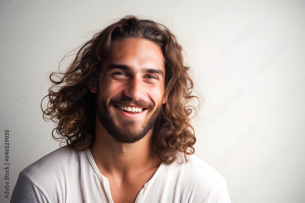 Portrait of a very attractive man with beard and long hair smiling naturally Portrait of a very attractive man with beard and long hair smiling naturally