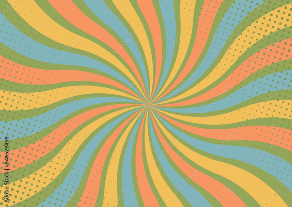 Pop art dotted comic style background with groovy twisted sunburst. Vector 70s colors illustration