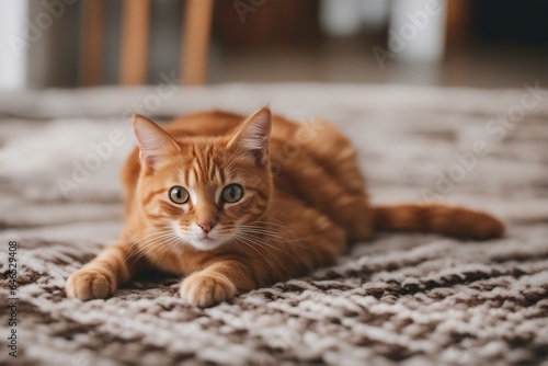 A cute red-striped young cat lies on the floor on a blanket and looks funny