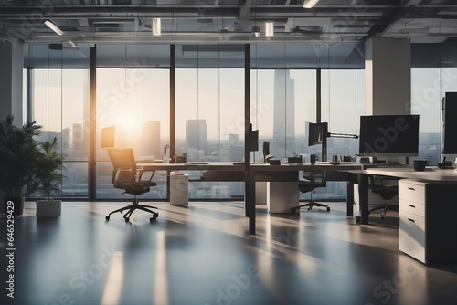 Beautiful blurred background of a light modern open space office interior with panoramic windows © FrameFinesse