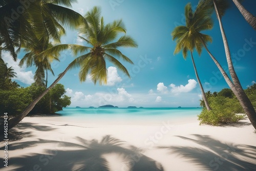 Beautiful beach with white sand, turquoise ocean, green palm trees and blue sky with clouds photo