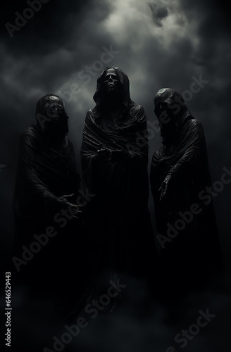 horror scary monks witches in dark fantasy poster, dramatic scene, hollow movie poster