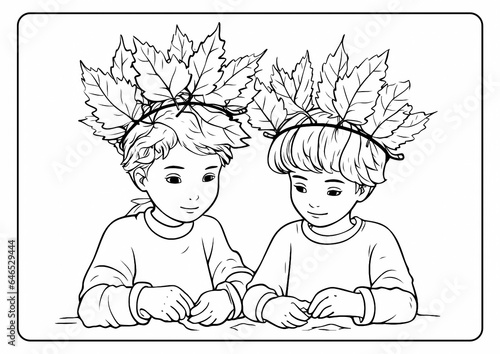 Coloring book page for children kids with scarecrow cartoon vector illustration printable autumn fall pumpkin Thanksgiving haystack leaves trees harvest acorn cornucopia season