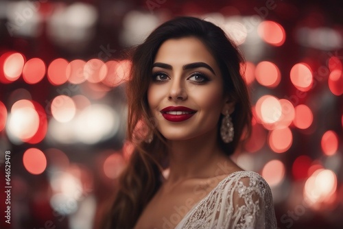 Closeup portrait of cheerful woman with red lipstick on blur bokeh background