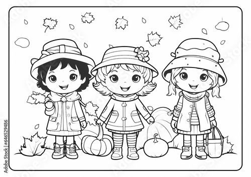 Coloring book page for children kids with scarecrow cartoon vector illustration printable autumn fall pumpkin Thanksgiving haystack leaves trees harvest acorn cornucopia season