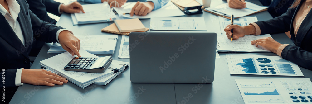 Auditor team collaborate in office, analyzing financial data and accounting record. Expertise in finance and taxation with accurate report and planning for company revenue, expense and budget. Insight - obrazy, fototapety, plakaty 