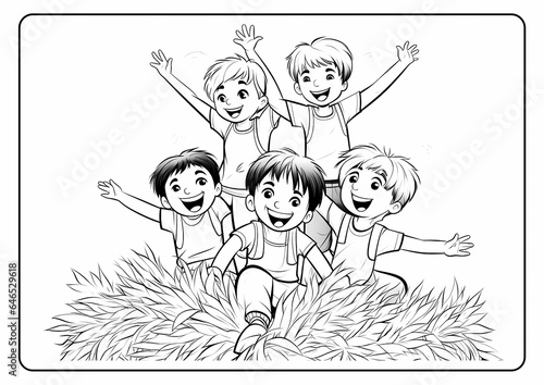 Coloring book page for children kids with scarecrow cartoon vector illustration printable autumn fall pumpkin Thanksgiving haystack leaves trees harvest acorn cornucopia season