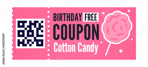 Free coupon cotton candy isolated on white background. Cute pink coupon with cotton candy illustration. Free birthday coupon