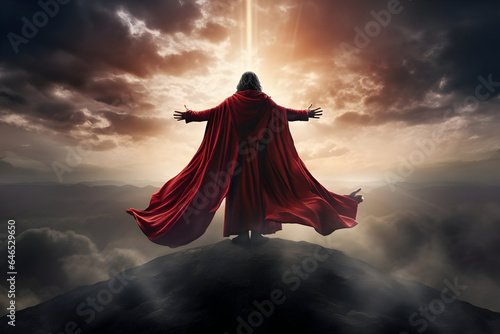 Jesus on a Mountain Peak, Arms Outstretched, Gazing Forward with Firm Resolve, Under a Sky Illuminated by Lightning, Wearing a Red Robe and Cloak, with a Glowing Cross Hovering Above