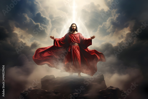 Jesus on a Mountain Peak, Arms Outstretched, Gazing Forward with Firm Resolve, Under a Sky Illuminated by Lightning, Wearing a Red Robe and Cloak, with a Glowing Cross Hovering Above