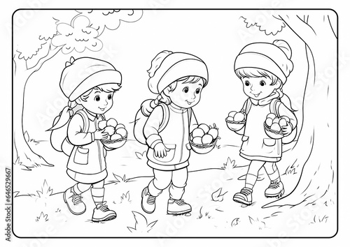 Coloring book page for children kids with scarecrow cartoon vector illustration printable autumn fall pumpkin Thanksgiving haystack leaves trees harvest acorn cornucopia season