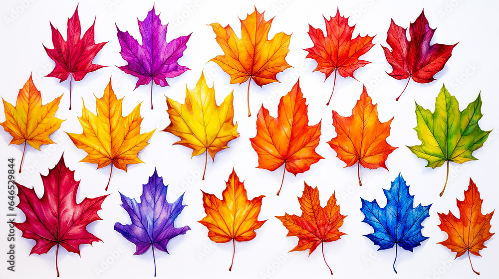 Collection of colorful autumn maple leafs on white background, drawing, for design. Vibrant color maple leafs set, illustration.