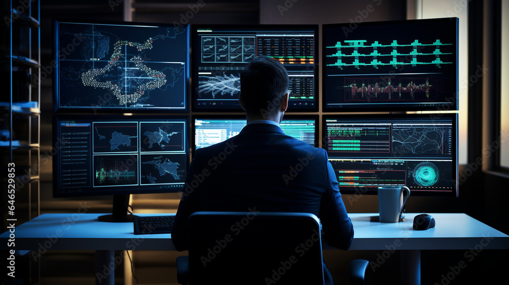 An IT specialist analyzing data on multiple computer screens in a control center, IT specialists, with copy space An IT specialist analyzing data on multiple computer screens in a control center, IT specialists, with copy space