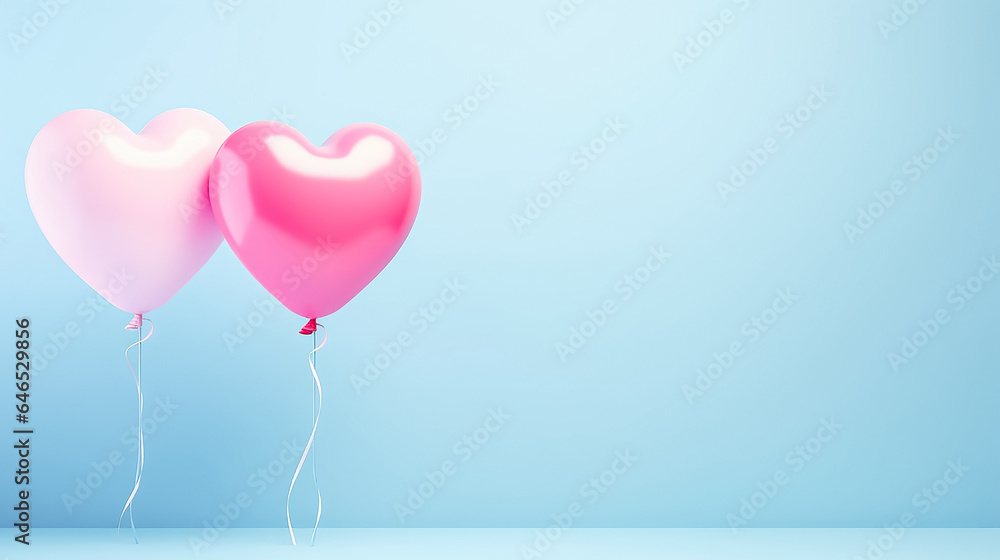 Two pink heart-shaped balloons on a blue background. Concept valentine's day, wedding, Love symbol.