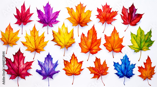 Collection of colorful autumn maple leafs on white background  drawing  for design. Vibrant color maple leafs set  illustration.