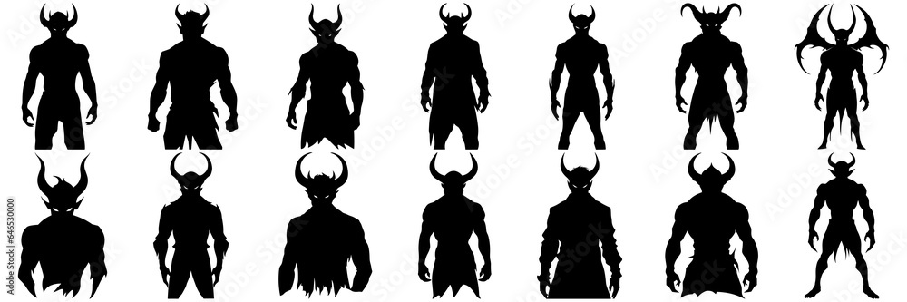Demon devil and hell silhouettes set, large pack of vector silhouette design, isolated white background