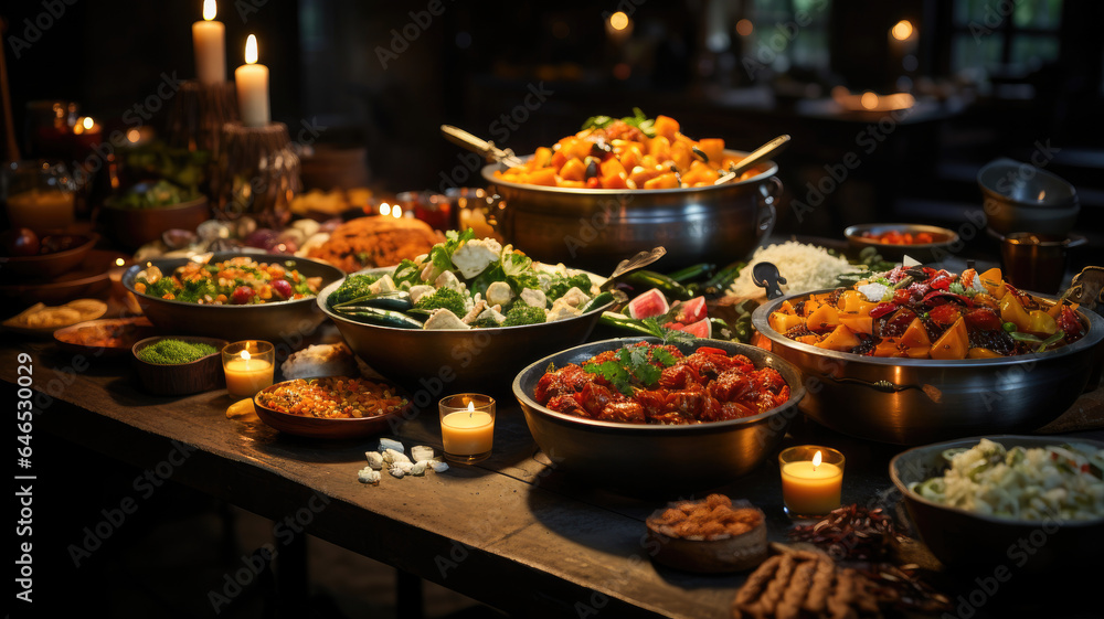 A delectable Diwali banquet filled with traditional Indian delicacies.
