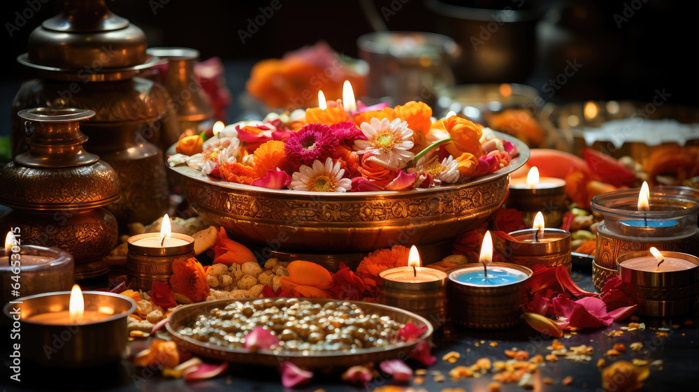 Festive puja thali with Diwali offerings. Cultural ceremony. Sacred items.
