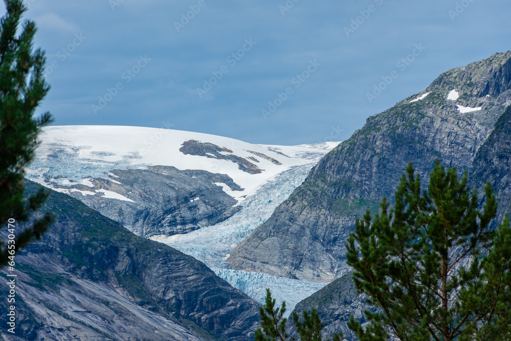 Landscape view of the Nigardsbreen melting glacier and the forest in  Norway