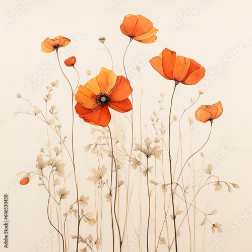 Floral hand drawn background. Botanical line art wallpaper with flowers, branches and eucalyptus leaves, nature floral flower pattern, watercolor texture for banner, prints, wall art and home decor