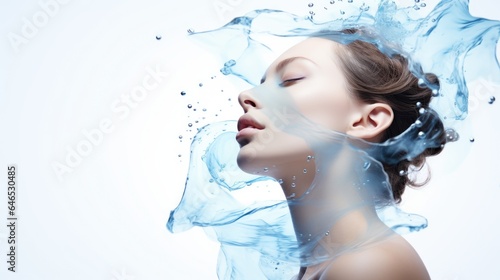 Pretty young woman and splash of water on light background. Cosmetology concept photo